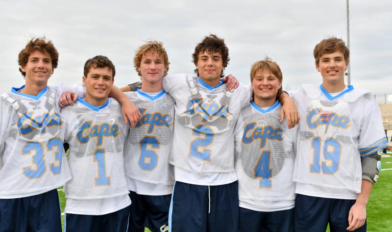 The Cape boys’ lacrosse team celebrated Senior Night May 9. Shown are (l-r) Finn Forcucci, Mikey Frederick, Hunter Jones, Hank D’Ambrogi, Evan Ehrhardt and Zack Clausius. DAVE FREDERICK PHOTOS